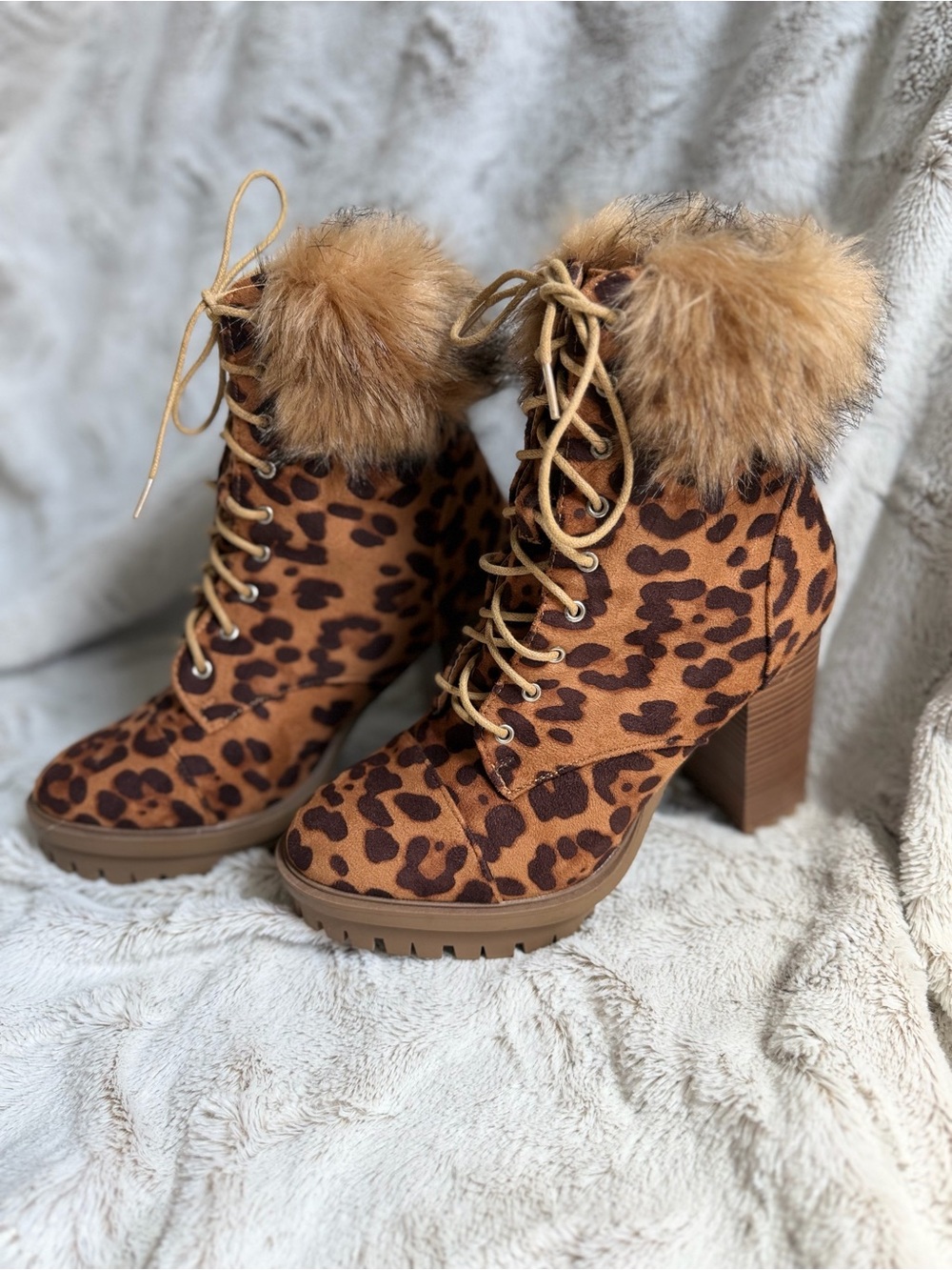 Charlotte Russe Leopard Print Faux Fur Lace-Up Heeled Boots - Brown